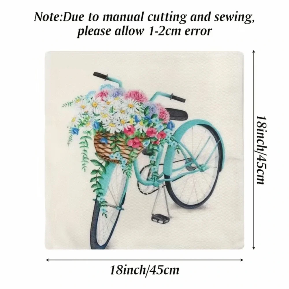 4pcs Flower Bicycle Car Print Pillow Covers, Linen Blend Pillowcases Farmhouse‎